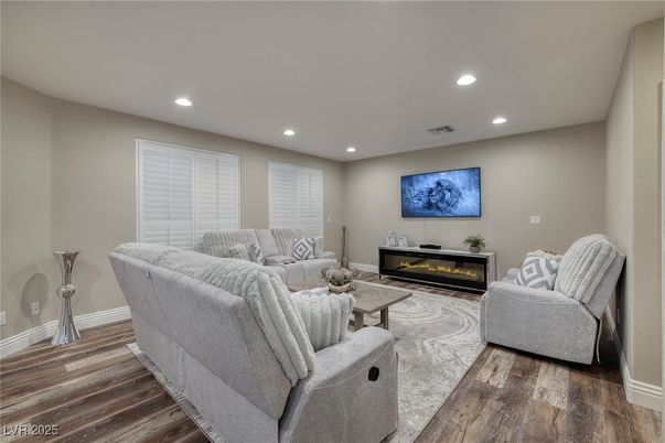 Fireplace, Interior, Living room, Recessed Lighting, Wood Texture Flooring