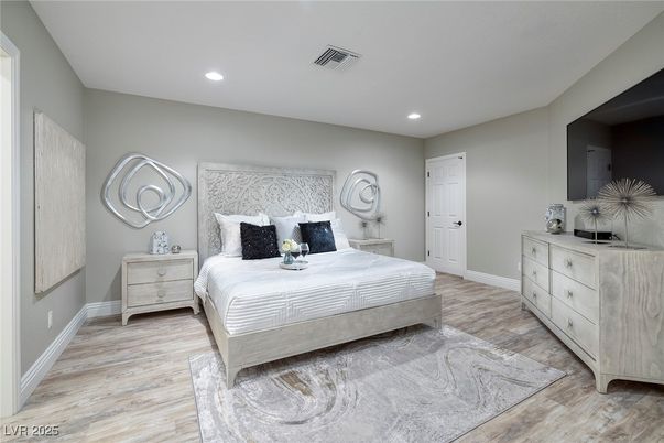 Bedroom, Interior, Recessed Lighting, Wood Texture Flooring