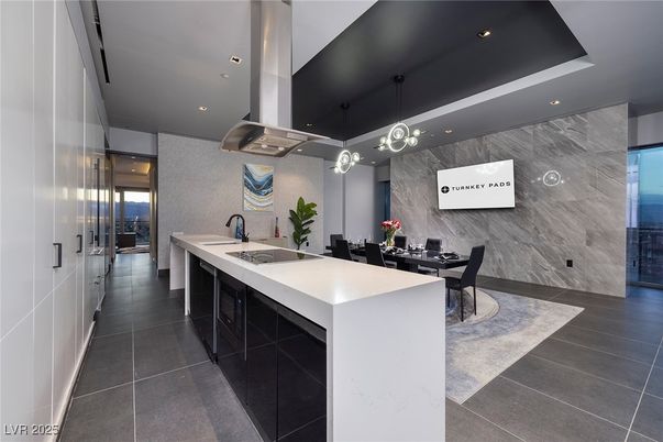 Dining room, Interior, Kitchen, Marble Walls, Pendant Lights, Recessed Lighting