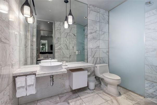 Bathroom, Glass Shower, Interior, Marble, Marble Walls, Pendant Lights, Recessed Lighting