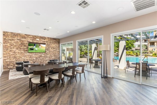 Dining room, Interior, Recessed Lighting, Stone Walls, Wood Texture Flooring