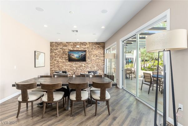 Dining room, Interior, Recessed Lighting, Stone Walls, Wood Texture Flooring