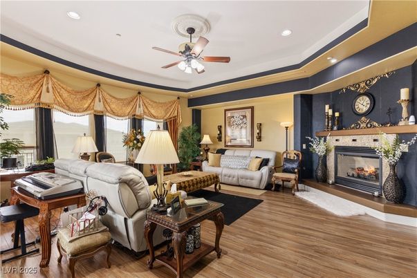 Fireplace, Interior, Living room, Recessed Lighting, Wood Texture Flooring