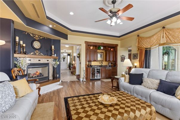 Fireplace, Interior, Kitchen, Living room, Recessed Lighting, Wood Texture Flooring