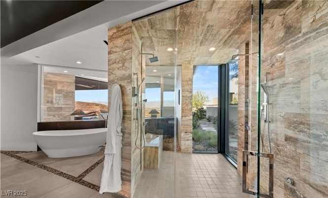 Bathroom, Free Standing Baths, Glass Shower, Interior, Recessed Lighting