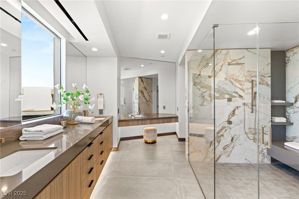 Bathroom, Dual Sink Vanities, Glass Shower, Interior, Marble Walls, Recessed Lighting