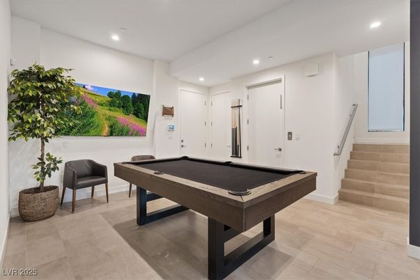 Billiard Table, Game Room, Interior, Recessed Lighting, Wood Texture Flooring