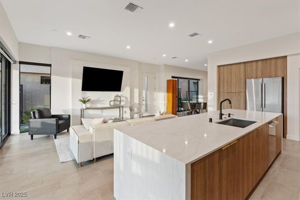 Interior, Kitchen, Living room, Recessed Lighting, Stainless Steel Appliances, Wood Texture Flooring