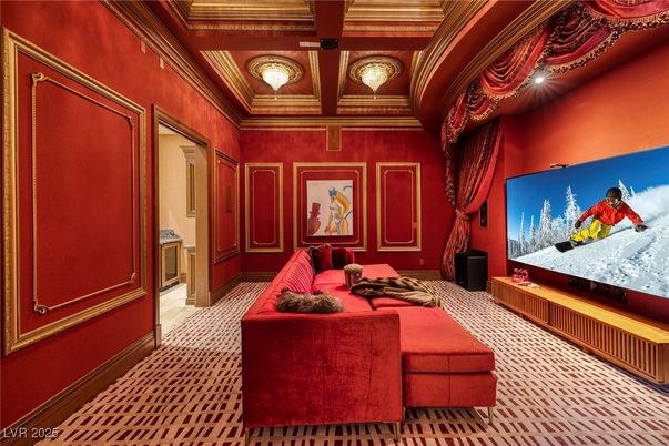 Interior, Projection Screen, Recessed Lighting, Theatre Room, Wooden Beams