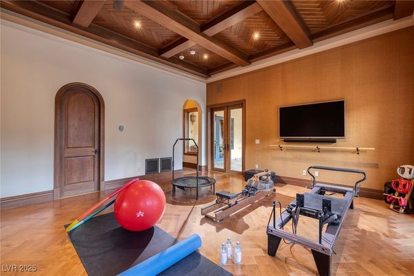 Fitness Equipment, Interior, Recessed Lighting, Wooden Beams, Wooden Ceilings, Wood Texture Flooring