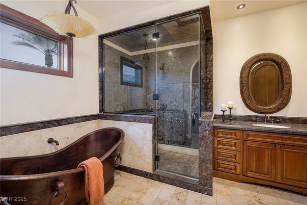 Bathroom, Free Standing Baths, Glass Shower, Interior, Recessed Lighting