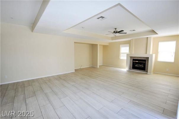 Empty room, Fireplace, Interior, Recessed Lighting, Wood Texture Flooring