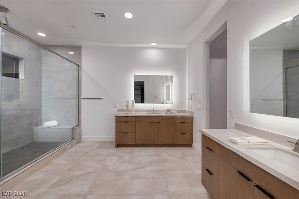 Bathroom, Dual Sink Vanities, Glass Shower, Interior, Recessed Lighting