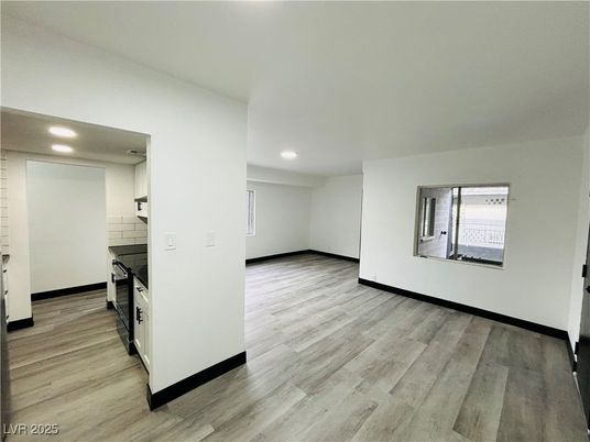Empty room, Interior, Kitchen, Recessed Lighting, Wood Texture Flooring