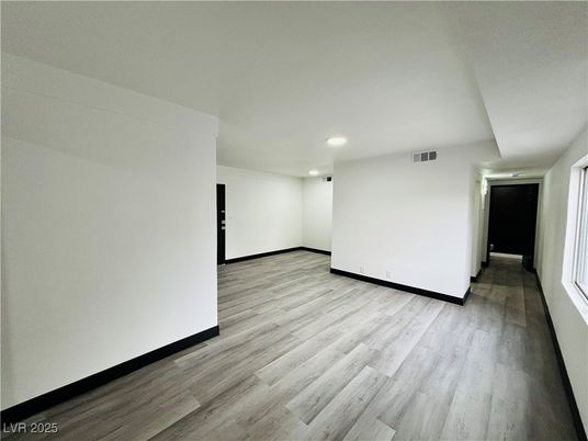 Empty room, Interior, Projection Screen, Recessed Lighting, Wood Texture Flooring