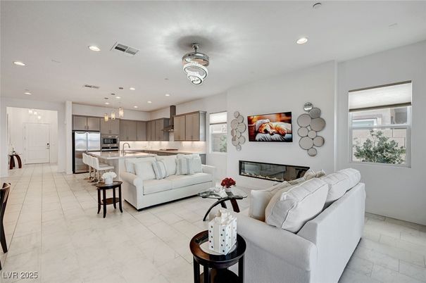 Fireplace, Interior, Kitchen, Living room, Marble, Pendant Lights, Recessed Lighting, Stainless Steel Appliances