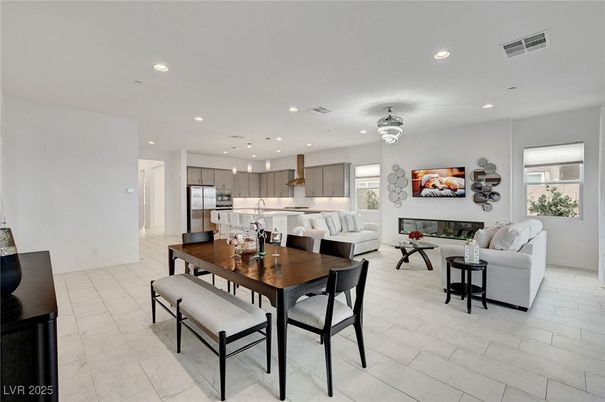 Dining room, Fireplace, Interior, Kitchen, Living room, Pendant Lights, Recessed Lighting, Stainless Steel Appliances
