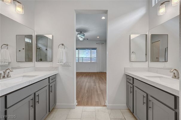 Bathroom, Dual Sink Vanities, Interior, Recessed Lighting, Wood Texture Flooring