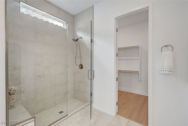 Bathroom, Glass Shower, Interior, Marble Walls, Wood Texture Flooring