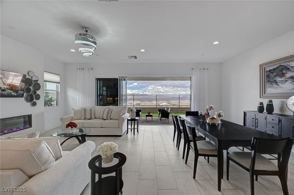 Dining room, Fireplace, Interior, Living room, Marble, Recessed Lighting