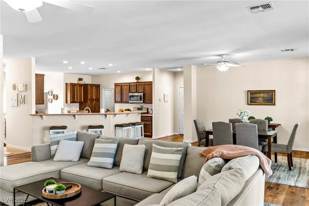 Dining room, Interior, Kitchen, Living room, Recessed Lighting, Wood Texture Flooring