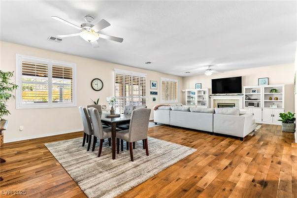 Dining room, Fireplace, Interior, Living room, Wood Texture Flooring