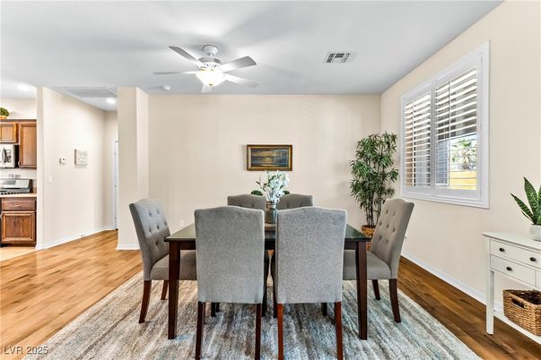 Dining room, Interior, Recessed Lighting, Wood Texture Flooring
