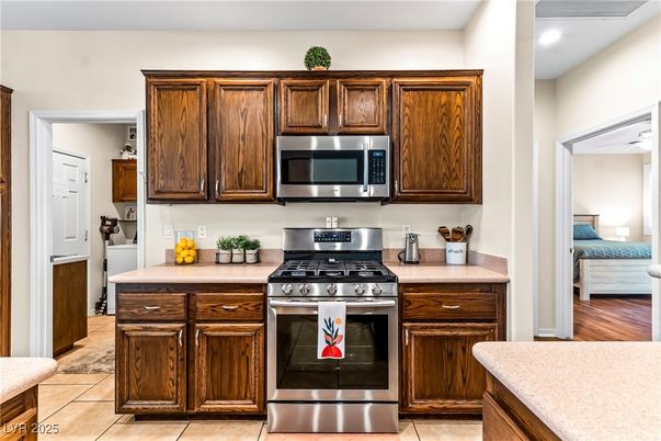 Bedroom, Interior, Kitchen, Recessed Lighting, Stainless Steel Appliances, Wood Texture Flooring