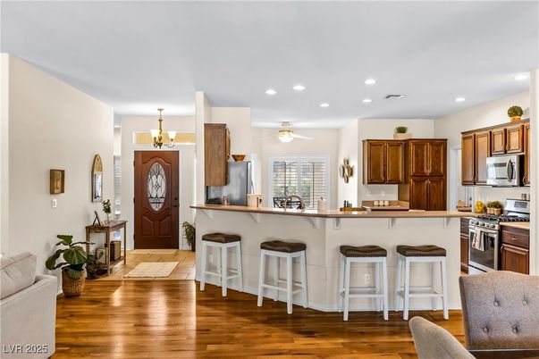 Chandelier, Interior, Kitchen, Recessed Lighting, Stainless Steel Appliances, Wood Texture Flooring