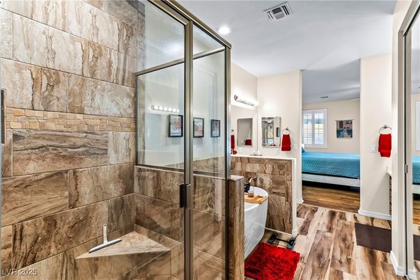 Bathroom, Glass Shower, Interior, Recessed Lighting, Wood Texture Flooring