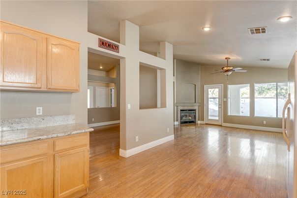 Empty room, Fireplace, Interior, Recessed Lighting, Wood Texture Flooring