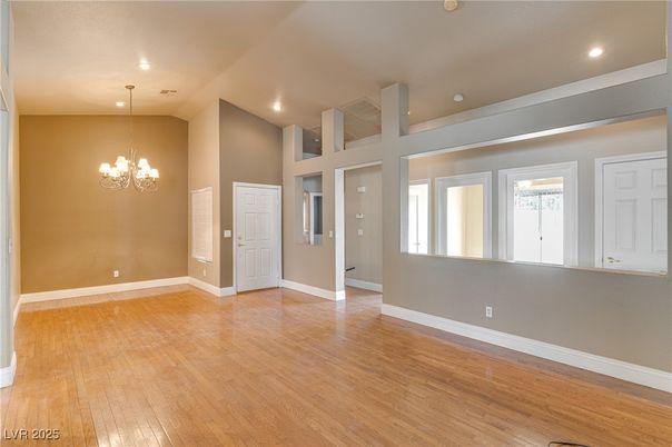 Chandelier, Empty room, Interior, Recessed Lighting, Wood Texture Flooring