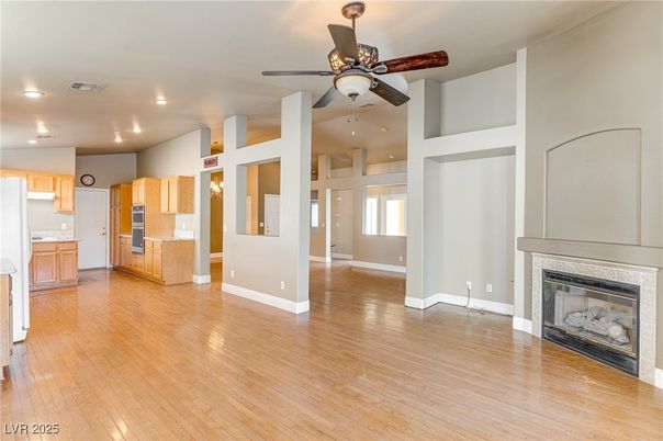 Empty room, Fireplace, Interior, Kitchen, Recessed Lighting, Wood Texture Flooring
