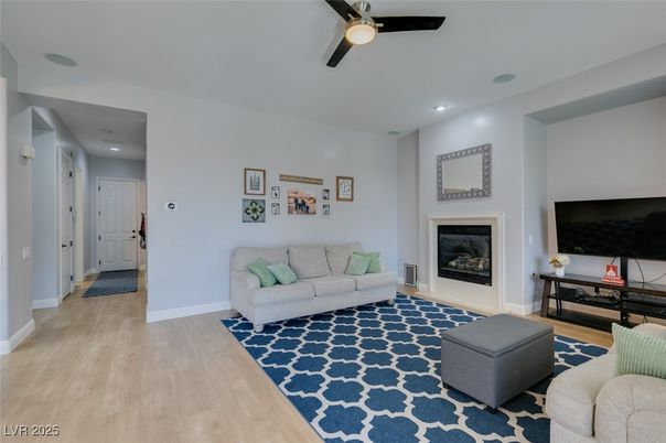 Fireplace, Interior, Recessed Lighting, Wood Texture Flooring