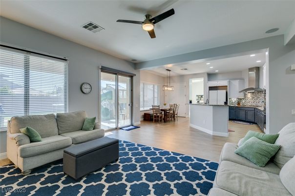 Dining room, Interior, Kitchen, Living room, Pendant Lights, Recessed Lighting, Stainless Steel Appliances, Wood Texture Flooring