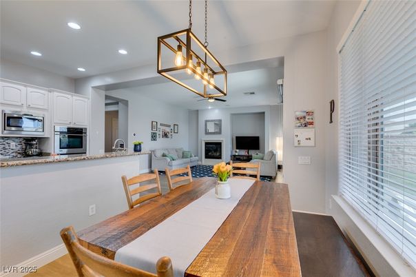 Dining room, Fireplace, Interior, Kitchen, Living room, Pendant Lights, Recessed Lighting, Wood Texture Flooring
