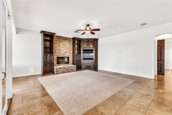 Empty room, Fireplace, Interior, Recessed Lighting, Stone Walls