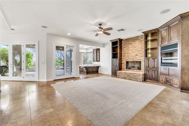 Fireplace, Interior, Recessed Lighting, Stone Walls