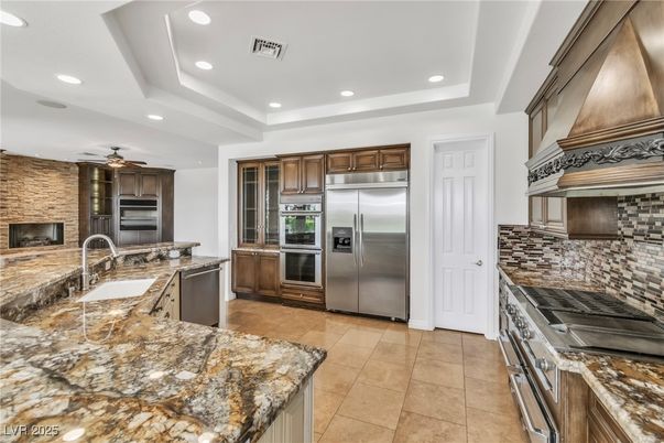 Interior, Kitchen, Recessed Lighting, Stainless Steel Appliances, Stone Walls