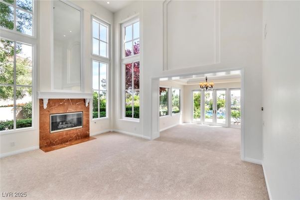 Chandelier, Fireplace, Interior