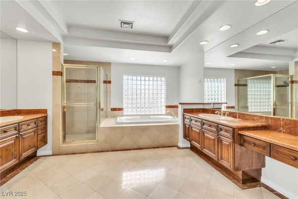 Bathroom, Dual Sink Vanities, Glass Shower, Interior, Recessed Lighting