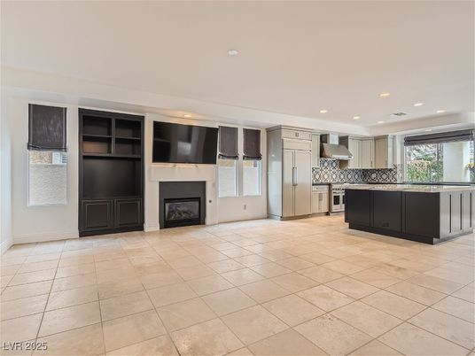 Fireplace, Interior, Kitchen, Recessed Lighting, Stainless Steel Appliances
