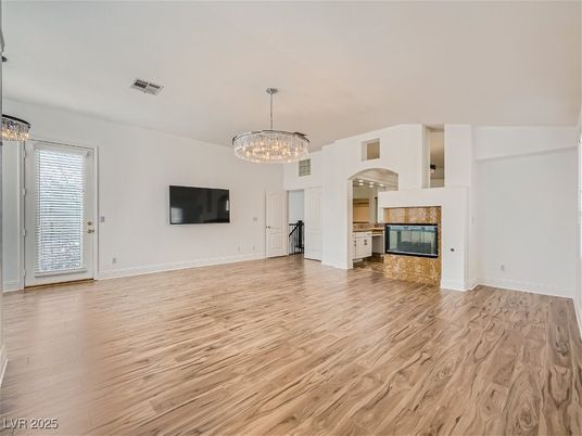 Chandelier, Empty room, Fireplace, Interior, Wood Texture Flooring