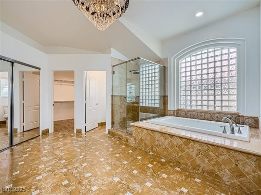 Bathroom, Chandelier, Glass Shower, Interior, Recessed Lighting