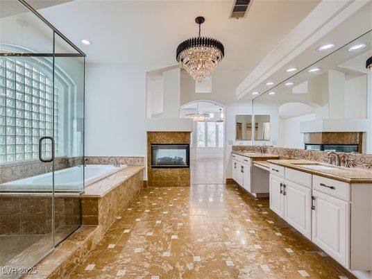 Bathroom, Chandelier, Dual Sink Vanities, Fireplace, Glass Shower, Interior, Recessed Lighting