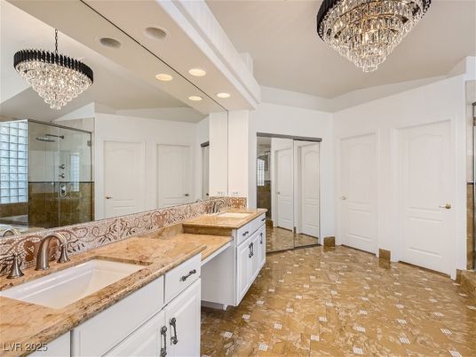 Bathroom, Chandelier, Dual Sink Vanities, Glass Shower, Interior, Recessed Lighting