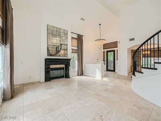 Chandelier, Fireplace, Interior