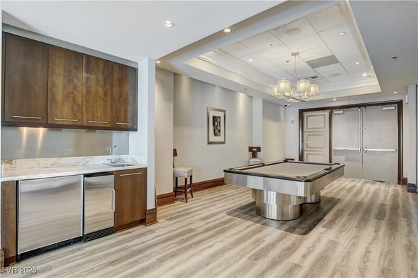 Billiard Table, Chandelier, Game Room, Interior, Recessed Lighting, Wood Texture Flooring