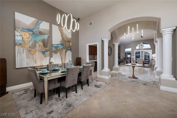 Dining room, Fireplace, Interior, Pendant Lights