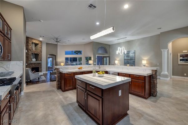 Fireplace, Interior, Kitchen, Living room, Pendant Lights, Recessed Lighting